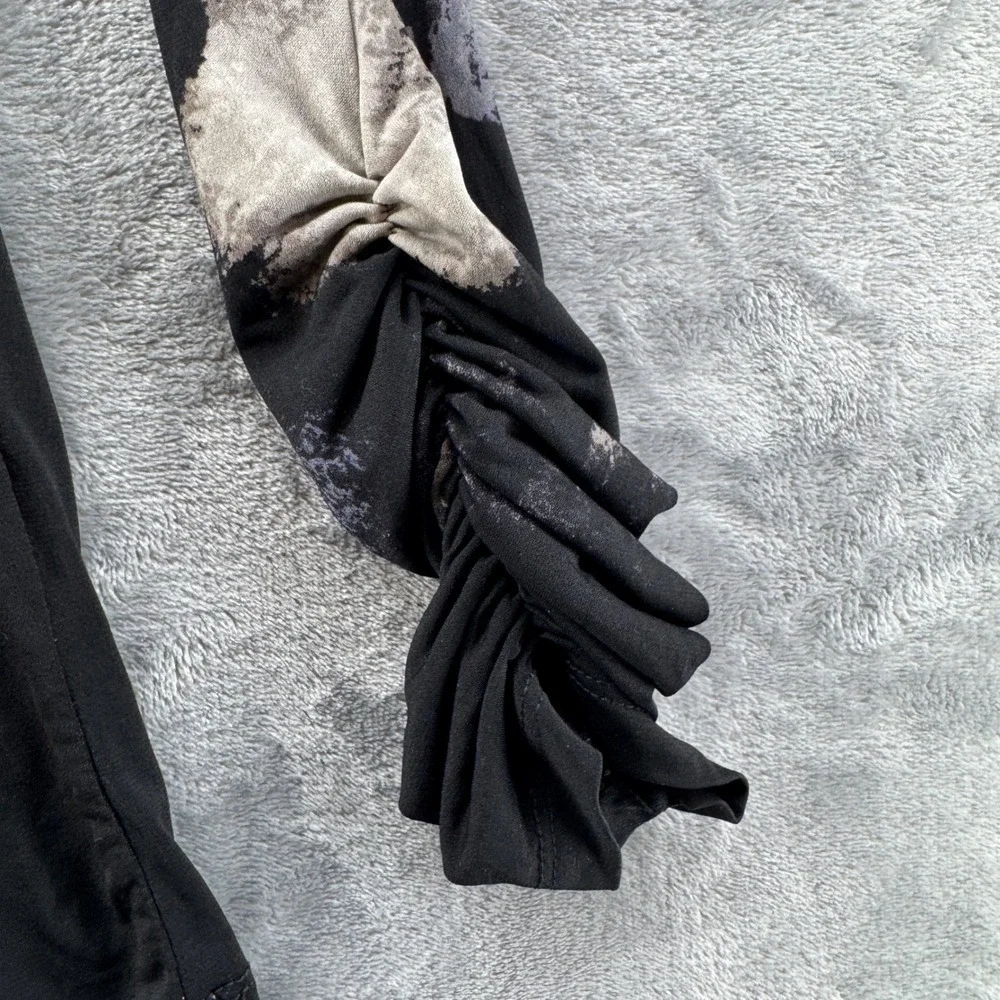 Susan Graver Mens Black Grey Floral Mock Neck Ruched Sleeve‎ Top XSP